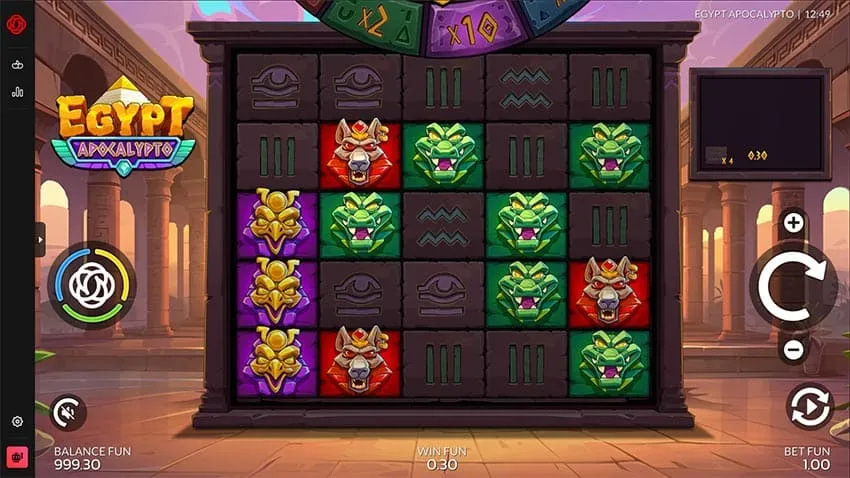 The Egypt Apocalypto grid clears winning symbols during a live Tumble sequence.