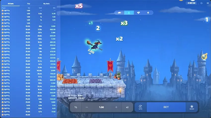 The Fly High slot opens mid-flight, with the multiplier counter tracking the witch's progress over the castle map.