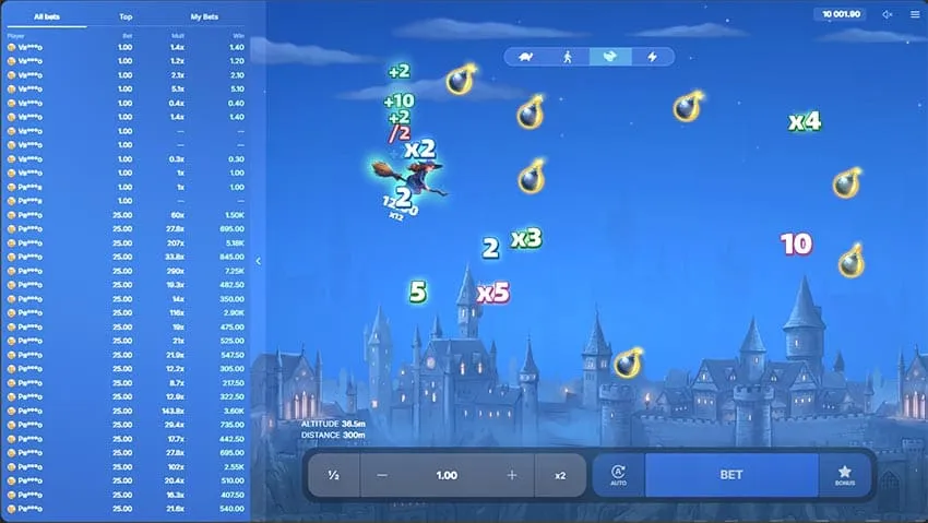 Booster icons and the live leaderboard sit alongside the flight path during a Fly High round.