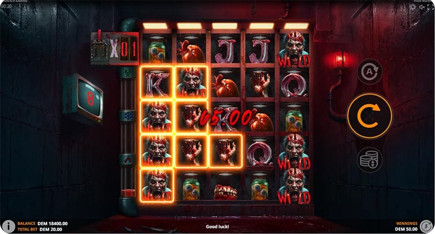 Freak Machine 5x3 grid with horror lab symbols and avalanche in progress