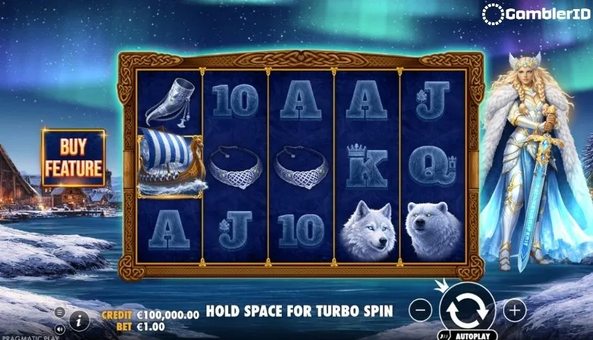 Freya 1000 base game screen: 5-reel, 10-payline grid with Money and Wheel symbols