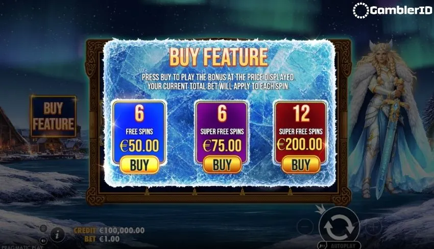 Freya 1000 Bonus Buy screen: three feature-buy options from 50x to 200x the stake