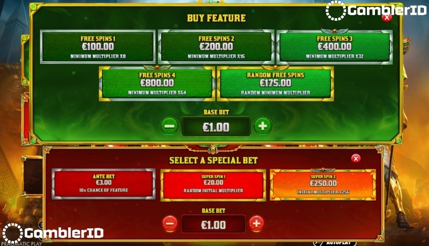 Fury of Anubis Slot - Special Bets & Feature Buys Costs Screenshot