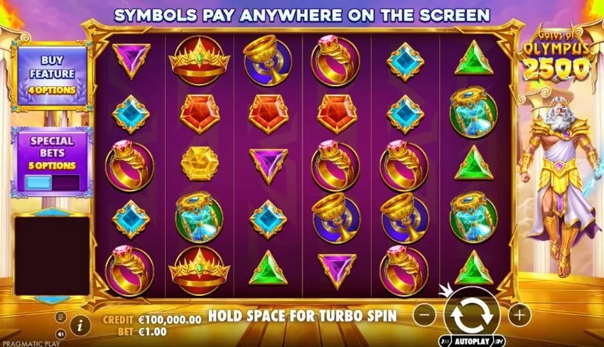 Gates of Olympus 2500 base game screenshot with the 6x5 grid, gem symbols and tumbling wins mechanic