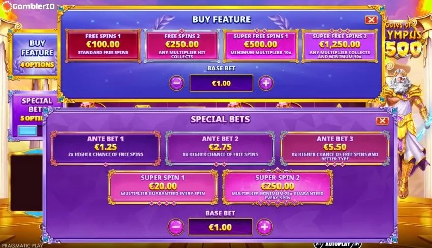 Gates of Olympus 2500 Bonus Buy and Ante Bet special stake options screen