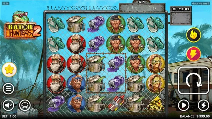 Gator Hunters 2 slot base game on a 6x5 grid with swamp-themed character symbols