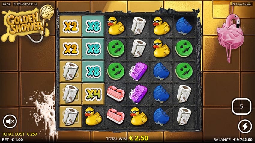 Golden Shower by Nolimit City - base game view. Style: game screenshot