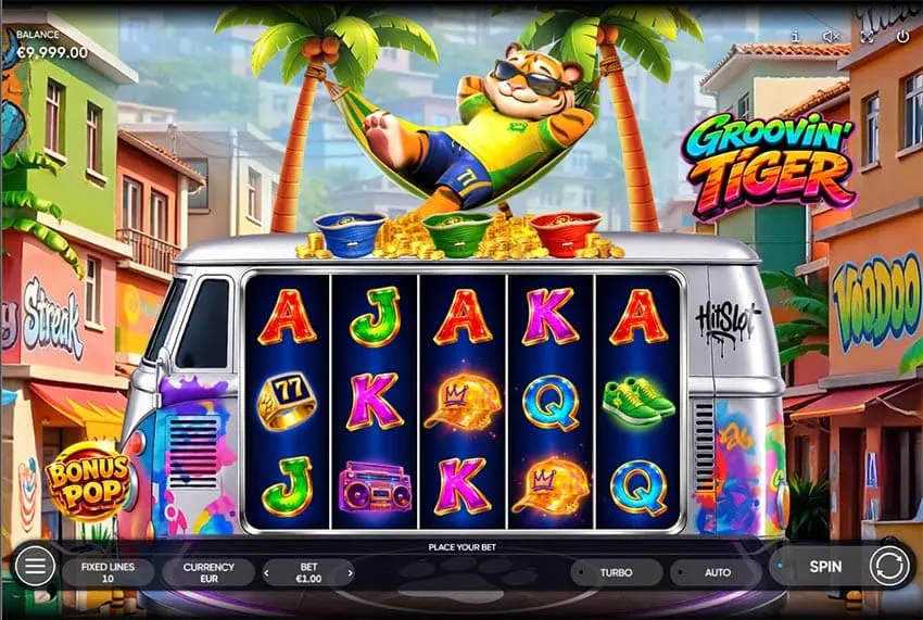 The Groovin' Tiger slot's 5x3 grid, with the Wild Tiger and bucket hat bonuses in view