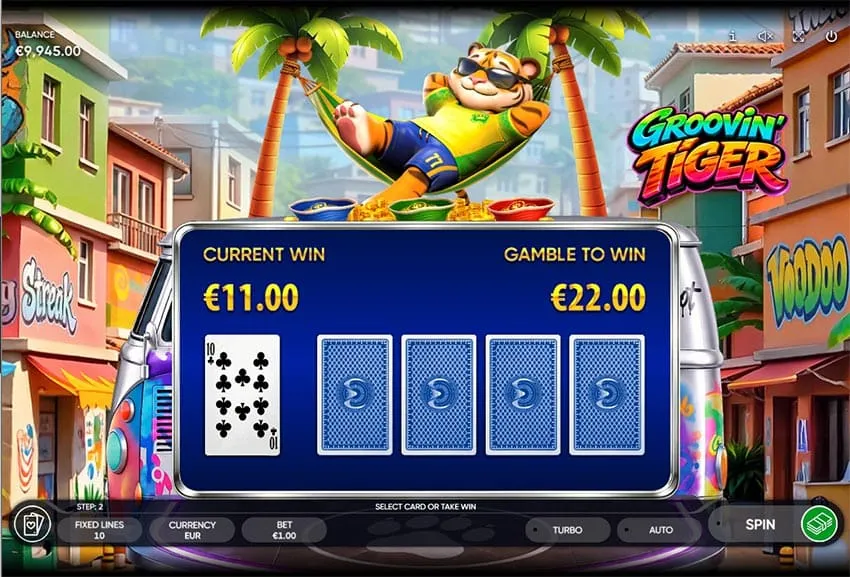 The Risk Game card screen in Groovin' Tiger, showing the double-or-nothing gamble feature.
