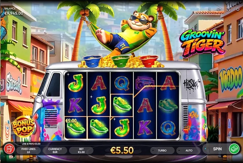 Multiple paylines active during a base game spin in Groovin' Tiger.