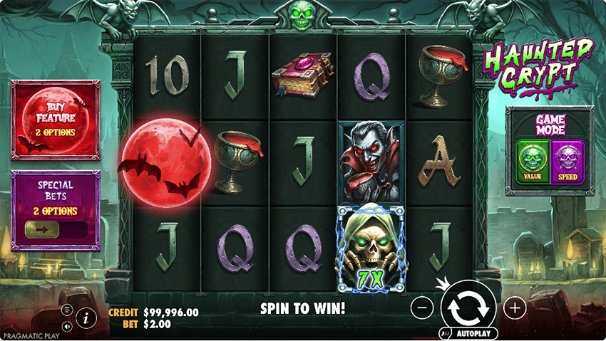 Haunted Crypt slot - 5x3 gothic cemetery grid with electrified wild frames active