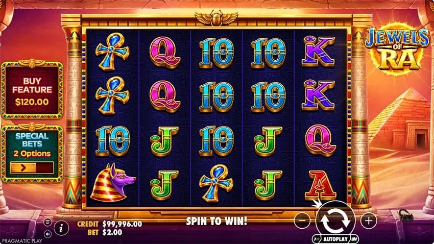 Jewels of Ra slot by Pragmatic Play: 5x4 base game grid with Egyptian symbols, Buy Feature and Special Bets buttons