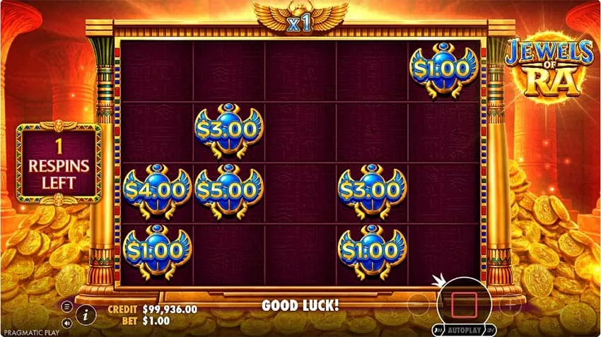 Jewels of Ra Hold and Spin bonus: scarab Money symbols lock on the grid under the x1 multiplier