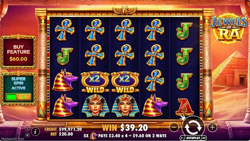 Jewels of Ra Super Spin active: two synchronized reels land matching x2 Wild multipliers