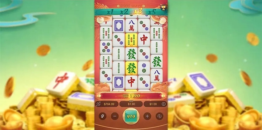 Mahjong Ways 2 base game with gold tiles on reels 2-4.