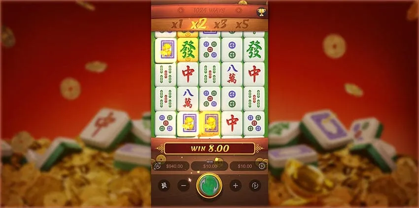 The Mahjong Ways base game grid with the multiplier ladder above the reels