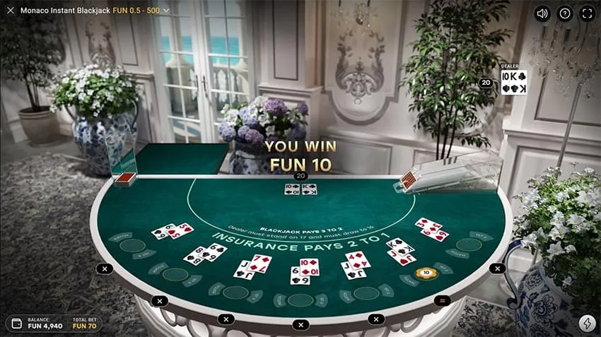 Betting controls and side-bet spots in Monaco Instant Blackjack.