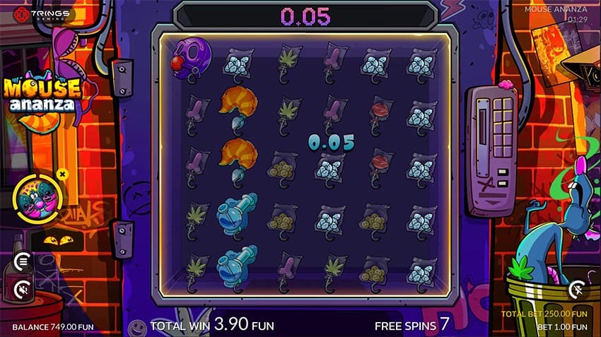 Multiplier symbols summing up mid-tumble in the Mouse Ananza bonus game.