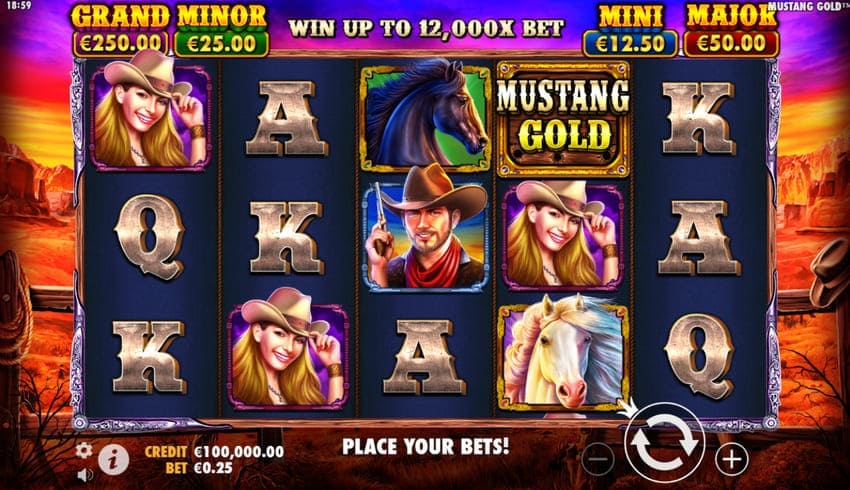 The main game interface of the Mustang Gold slot