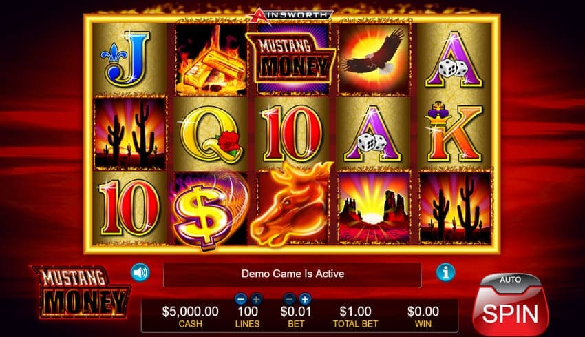 Mustang Money's main game interface showcases classic western imagery