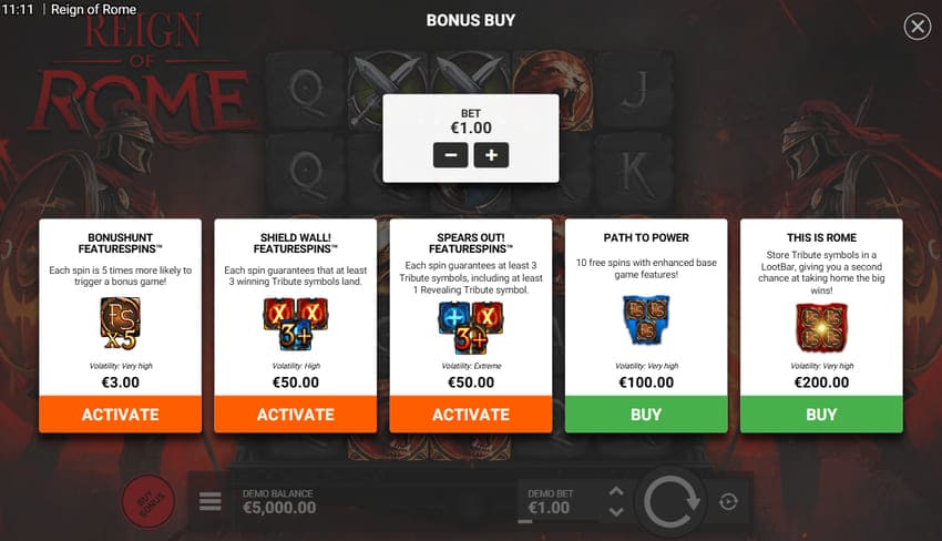 Bonus Buy menu - Reign of Rome Slot