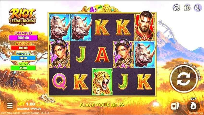 The Riot: Feral Riches slot base game, set in a tribal African savanna.