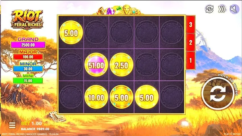 The Hold and Win grid mid-round, building toward one of four fixed jackpot tiers.