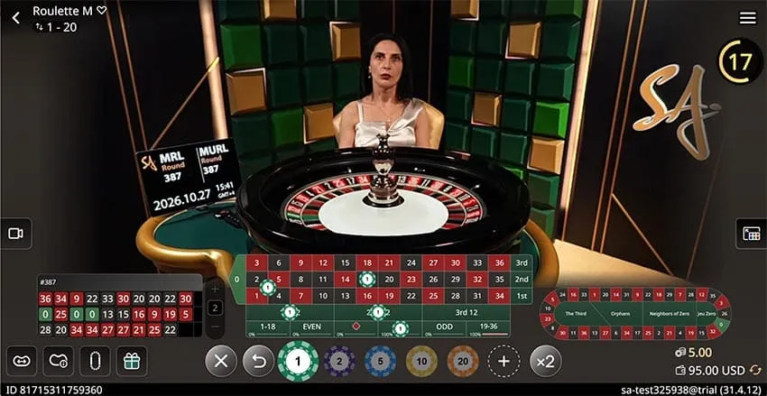 Placing chips on the Racetrack and grid at the Roulette SA Gaming live table