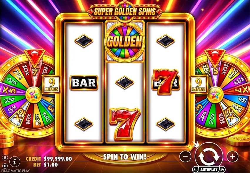 Super Golden Spins keeps the classic 3x3 layout and parks two prize wheels above the reels.