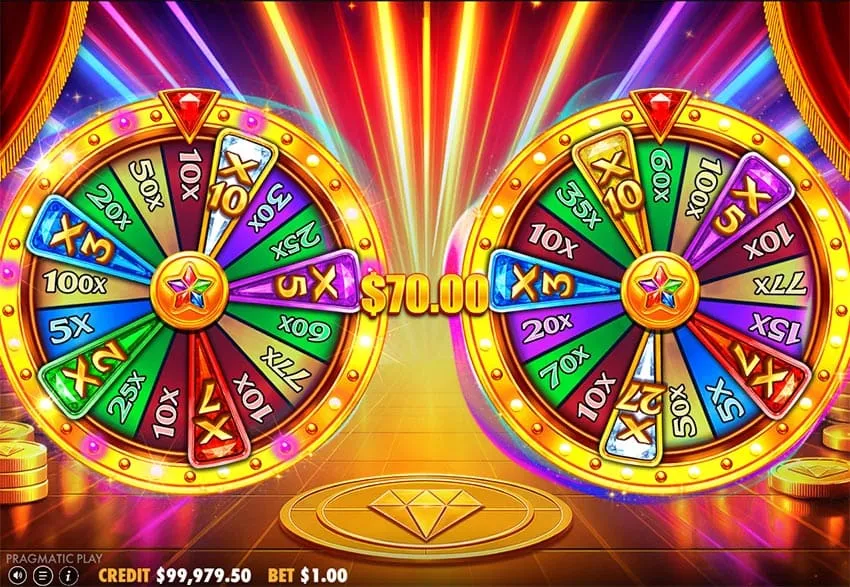 Three scatters anywhere on the grid start both prize wheels in Super Golden Spins.