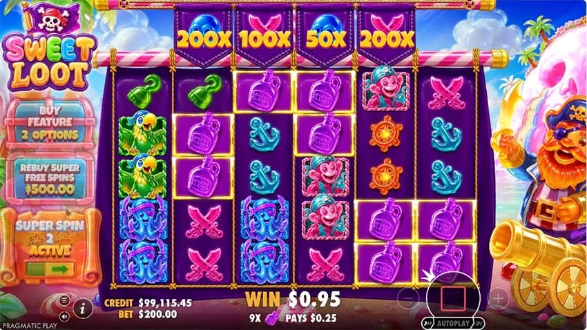 Sweet Loot slot - multiplier symbols in 4-cell top row