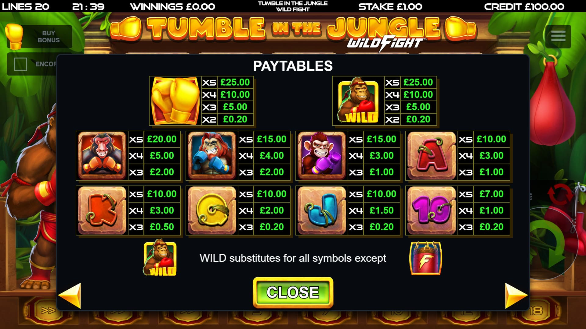 Tumble in the Jungle Wild Hunt - Symbols And Paytable