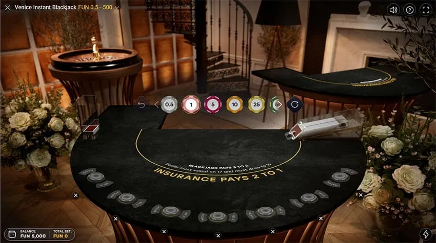 Venice Instant Blackjack betting phase with the chip tray open above the table
