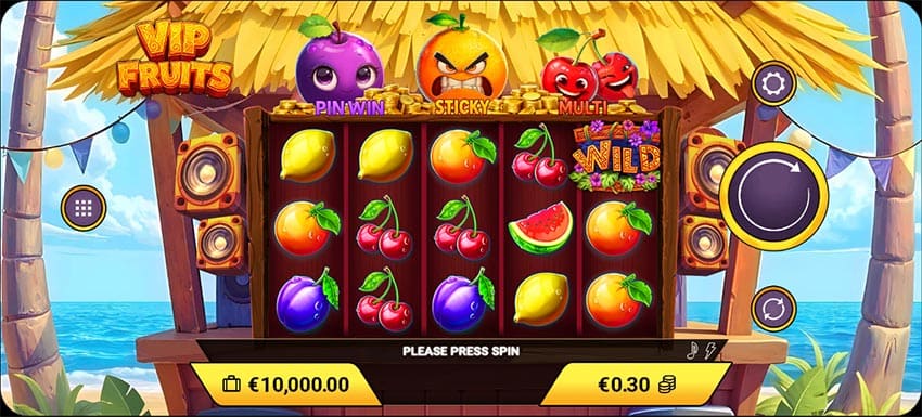 VIP Fruits base game - note the fruit icons above reels that attract matching colored stars. Style: In-game screenshot with UI visible